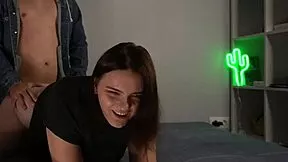 russian tattooed brunette bends over work desk for closeup doggy cumshot pounding