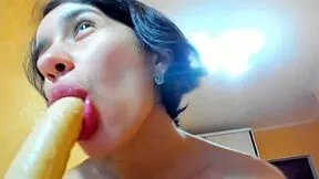 brunette sucks dildo titfucks spreads shaved pussy fingers clit