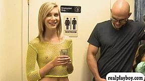 Slim blonde flashes tits for threesome