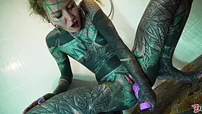 Tattooed model does intense shower anal!