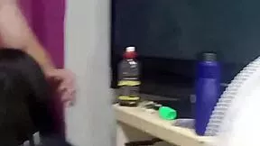 Stepdaughter kneels to suck then gets fucked doggy
