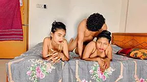 Two horny brunettes enjoy threesome with one lucky cock