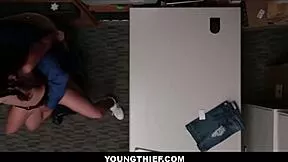 cute teen caught shoplifting lets guard fuck her to orgasm