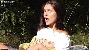 sweet couple enjoys cool passionate sex outdoors
