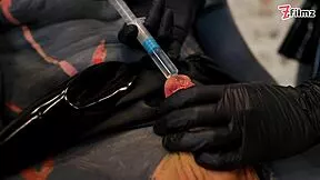 Three latex goddesses destroy the tattooed slave with urethral fingering