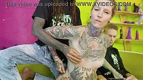 three guys take turns on the tattooed maid