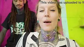 three guys take turns on the tattooed maid