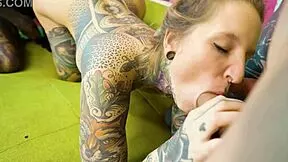three guys take turns on the tattooed maid