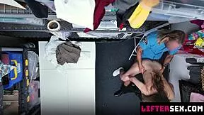 guard fingers her tight pussy then fucks her over the desk for sneakers - liftersex
