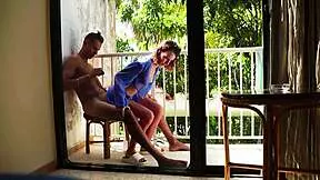 Janitor nails busty beauty on public balcony