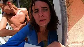 Janitor nails busty beauty on public balcony
