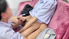 Asian student girlfriend gives deepthroat blowjob and creampie