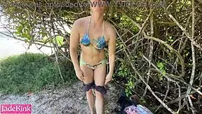 Daring kinky girlfriend flashing and fucking on public beach