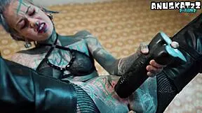 heavy tattoos extreme anal stretch on huge black dildo