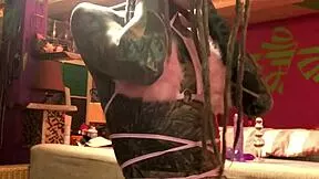 Glasses & fur lingerie tattooed cutie creams on her dildo slowly