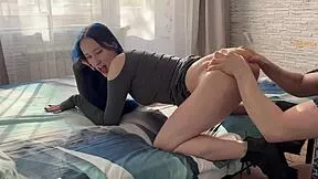 Cheating big-assed blue long hair beauty in a sexy dress ended pussy creampie