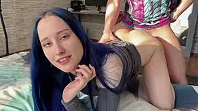 Cheating big-assed blue long hair beauty in a sexy dress ended pussy creampie