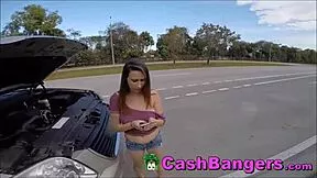 Stranded big tits teen takes cash for sex favors outdoors