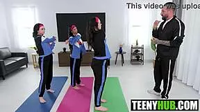 Three flexible gymnasts share one cock