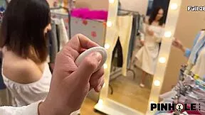 casual narrative russian brunette teen girlfriend played anal game with vibrator in fitting room shop