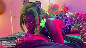 Petite ebony furry wants to swallow cum with her two tongues