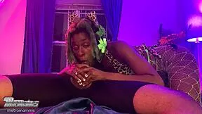 Petite ebony furry wants to swallow cum with her two tongues