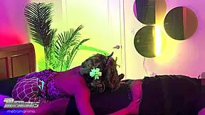 Petite ebony furry wants to swallow cum with her two tongues