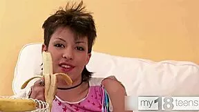 my18teen 18+s brunette fucking banana in tight pussy for real orgasm