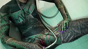 Tattooed model fingers ass and gaps in shower