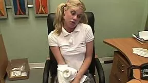 Blonde fingers herself solo on office desk