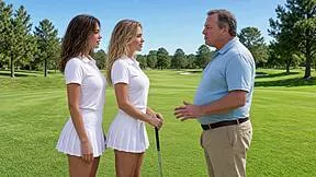 Rich man fucks two teen 18+ girls on golf course. Threesome with sexy feet.