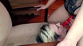 Rough dommes facefuck and gape femboy with dildos